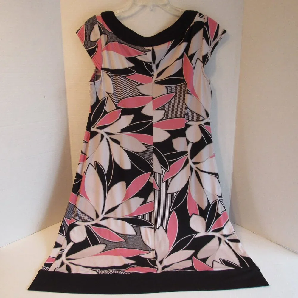 Liz Claiborne Midi Stretch Gray/White/Black/Pink Leaf/Floral Print Size 16 - Picture 2 of 3